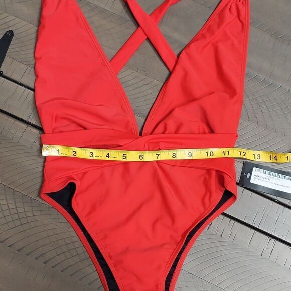 Nasty Gal Red Plunge Neck Cross Back One-Piece Swimsuit Sz 0 NWT - Picture 3 of 8